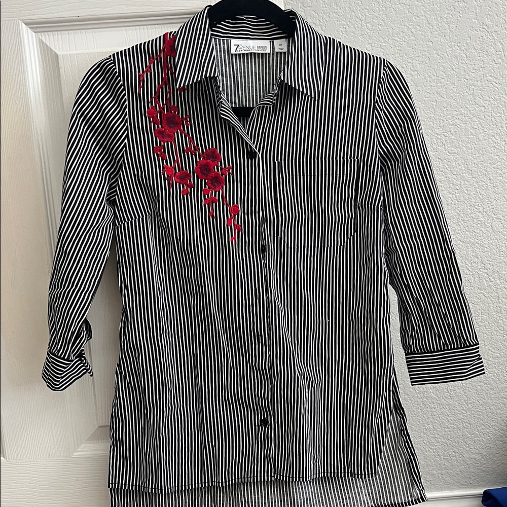 Zara Black and White Striped Shirt with Red Embroidery